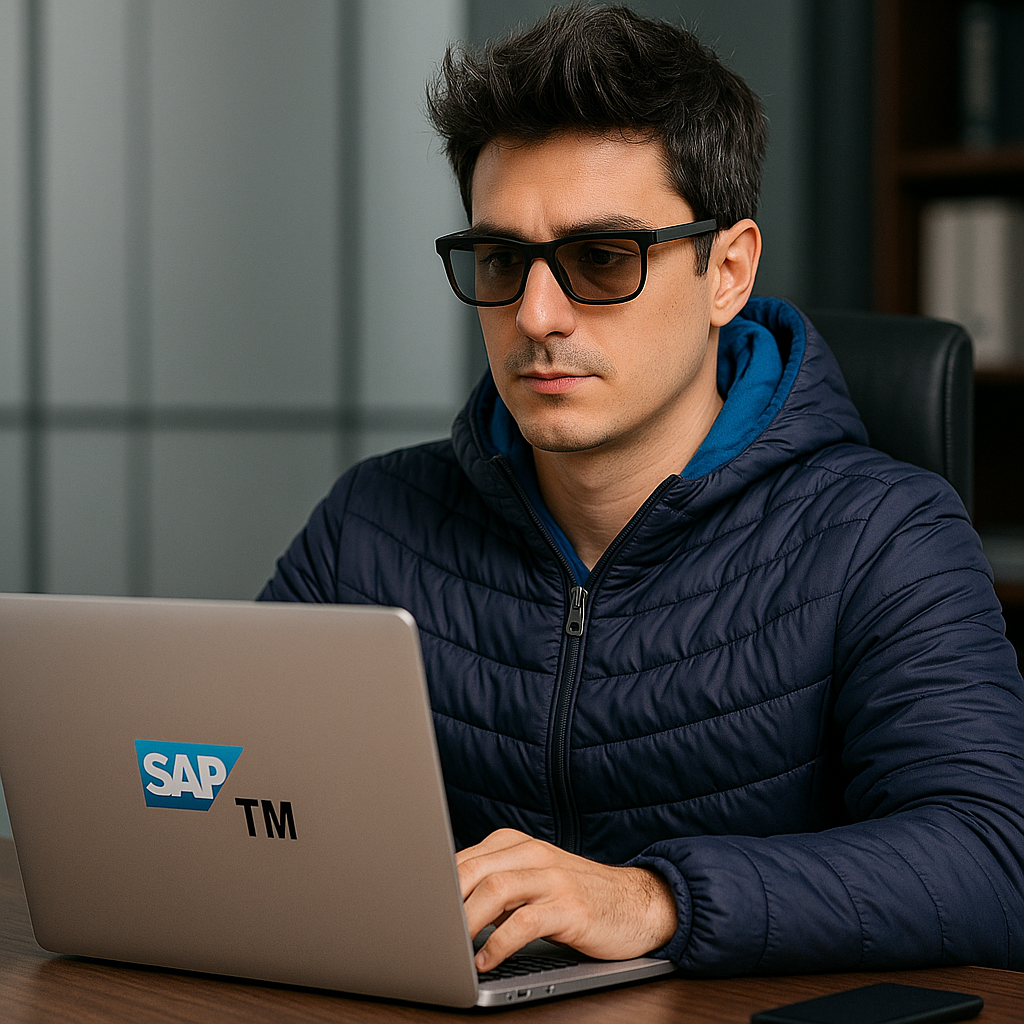 Luis Tacioli working on laptop with SAP TM logo
