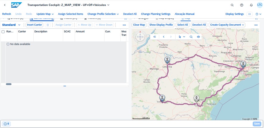 SAP TM Planning Cockpit showing multiple road routes